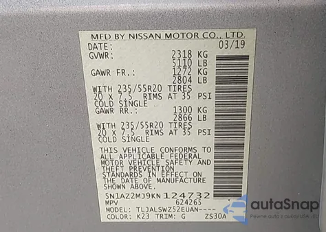 2019 Nissan Murano Platinum из США, поврежденный, VIN 5N1AZ2MJ9KN124732